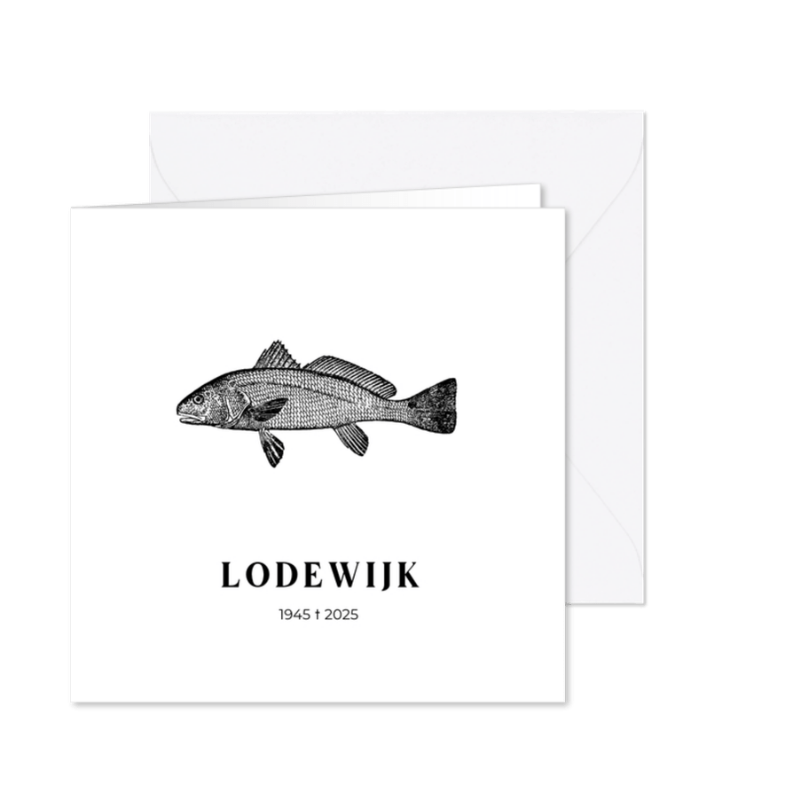 Moderne rouwkaart met een illustratie van een vis - Kaartimpressie