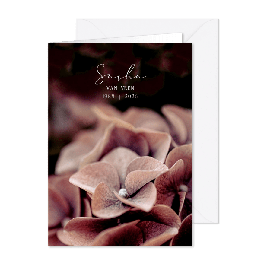 Moderne rouwkaart met foto van hortensia - Kaartimpressie