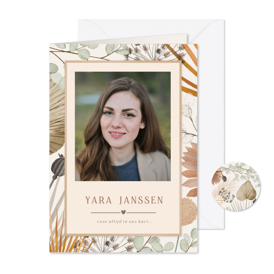 Moderne rouwkaart met gekleurde bloemen en eigen foto - Kaartimpressie