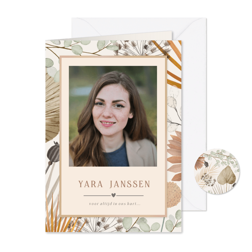 Moderne rouwkaart met gekleurde bloemen en eigen foto - Kaartimpressie