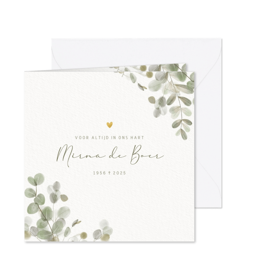 Moderne rouwkaart met groene eucalyptus takjes - Kaartimpressie