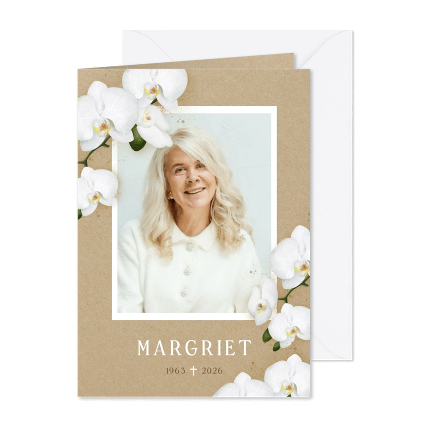 Moderne rouwkaart met grote foto, kraft & orchideeën - Kaartimpressie
