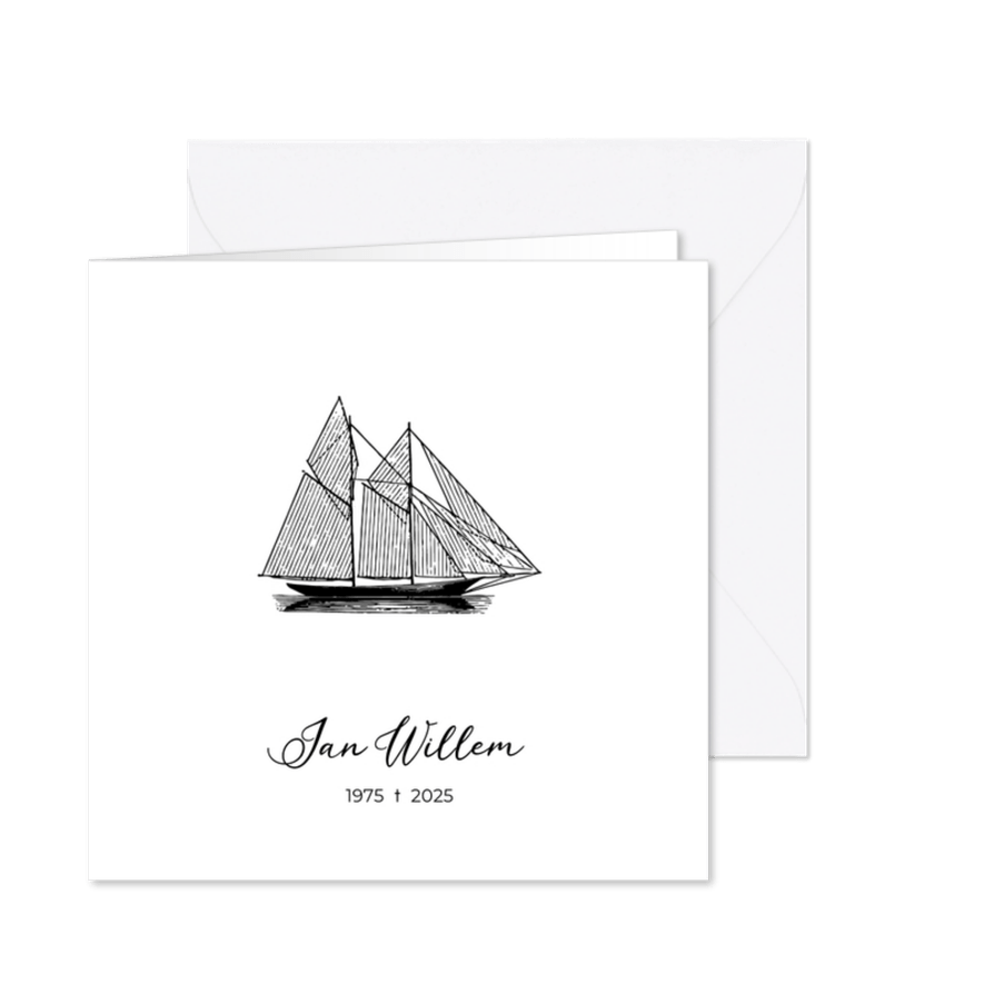 Moderne rouwkaart met illustratie van zeilboot - Kaartimpressie