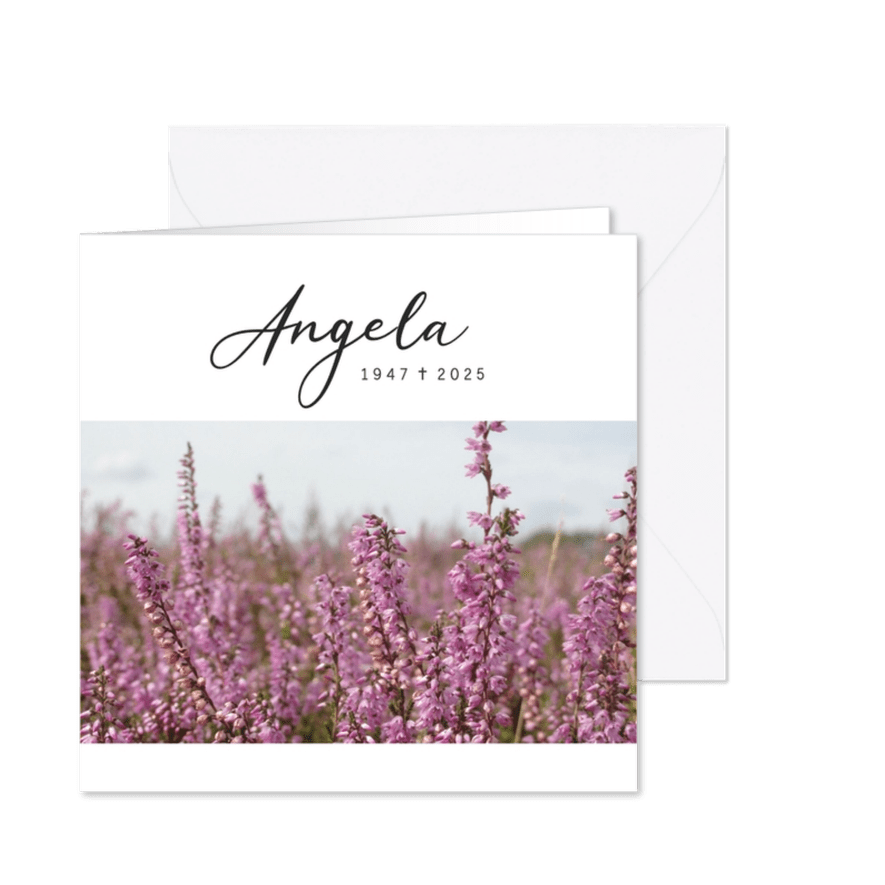 Moderne rouwkaart met natuurfoto van bloeiende heide - Kaartimpressie