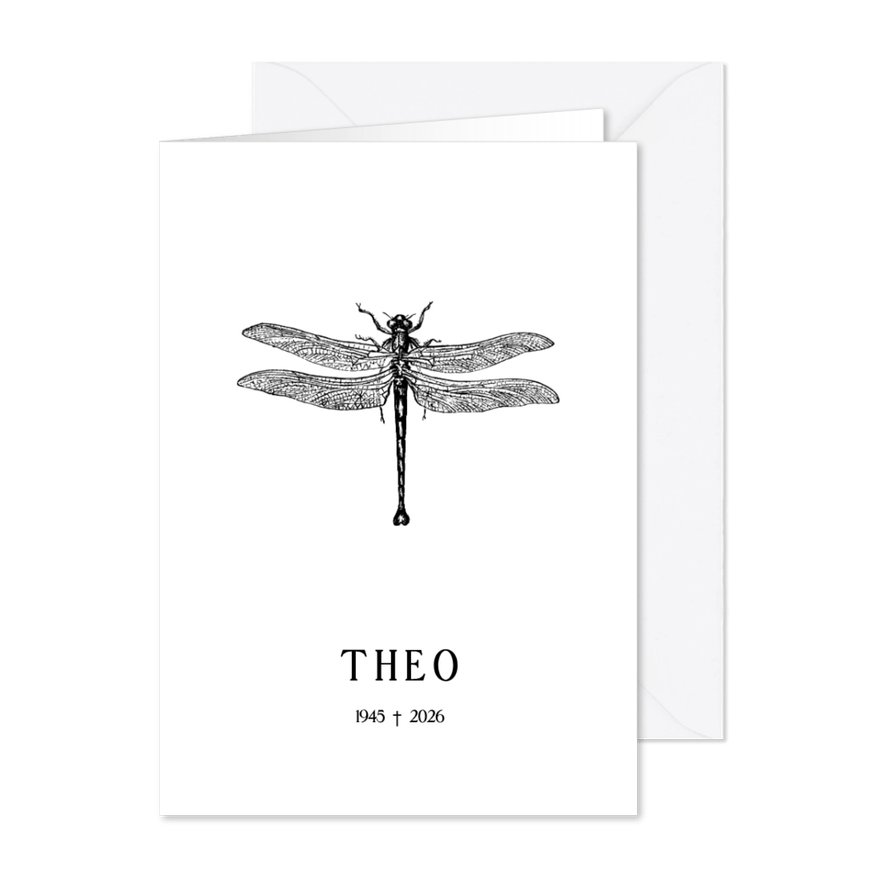 Moderne rouwkaart met zwart-wit illustratie van een libel - Kaartimpressie