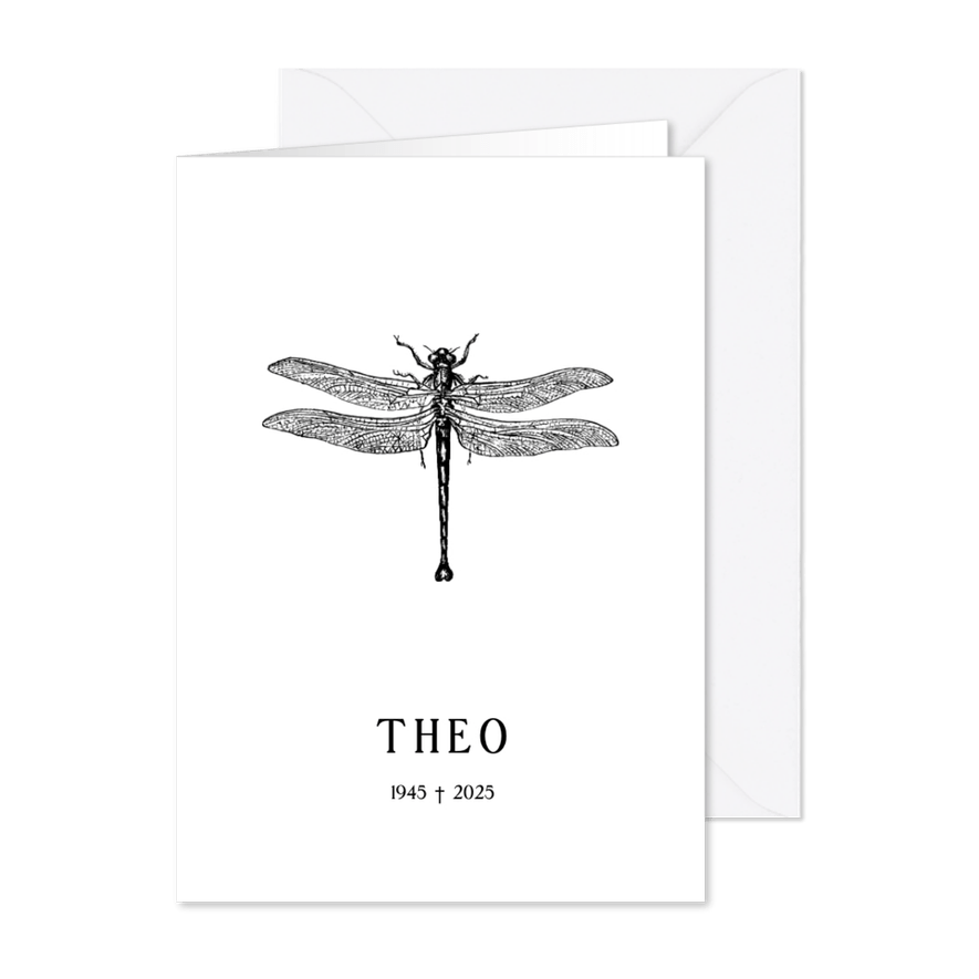 Moderne rouwkaart met zwart-wit illustratie van een libel - Kaartimpressie