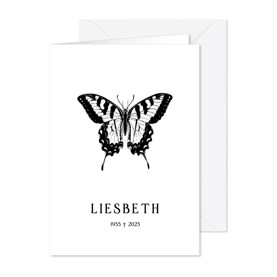 Moderne rouwkaart met zwart witte vlinder illustratie  - Kaartimpressie