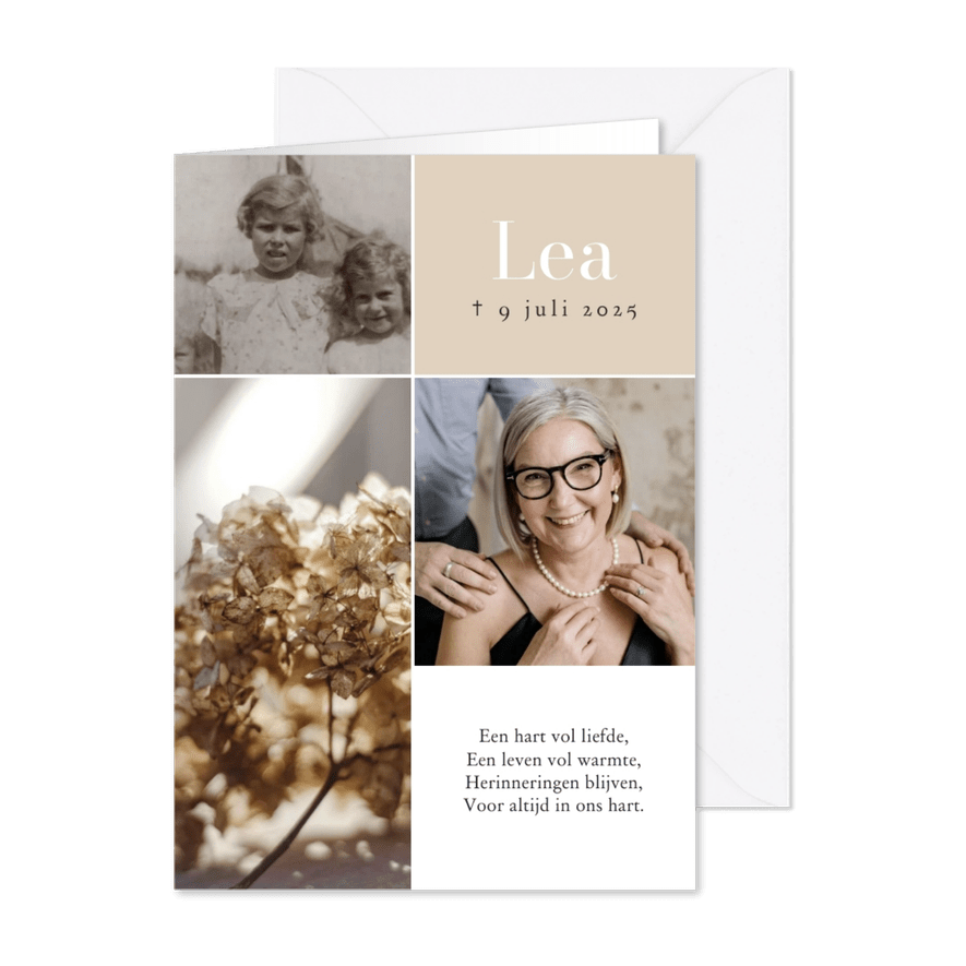 Moderne rouwkaart rechthoek 3 foto’s hortensia  - Kaartimpressie