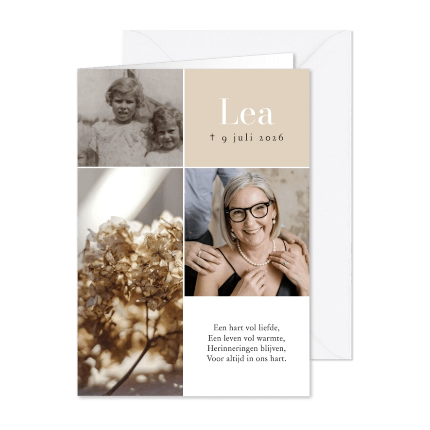 Moderne rouwkaart rechthoek 3 foto’s hortensia  - Kaartimpressie
