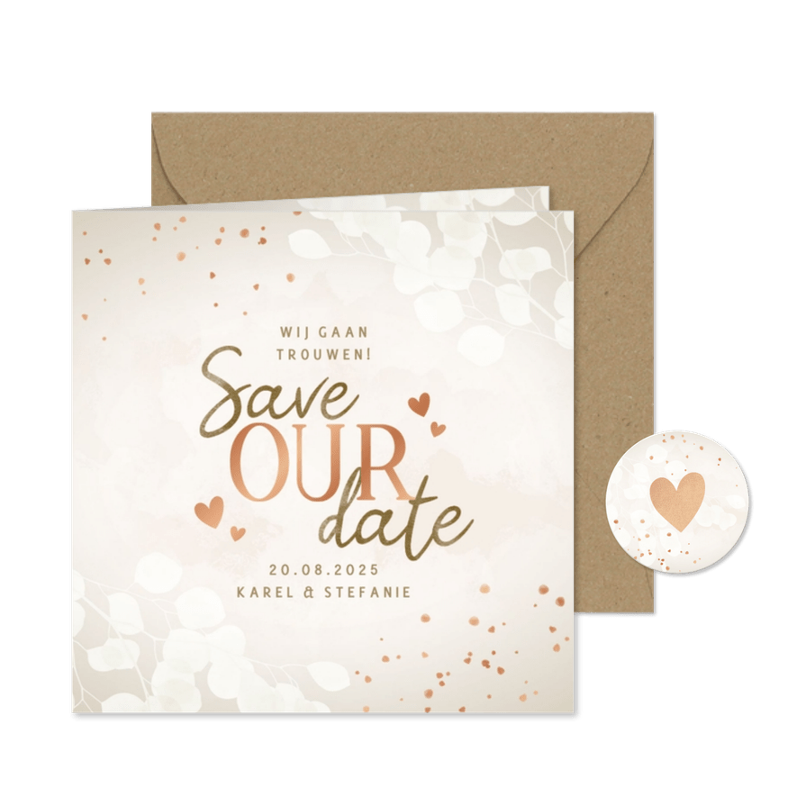 Moderne save the date eucalyptus, koper spetters en hartjes - Kaartimpressie