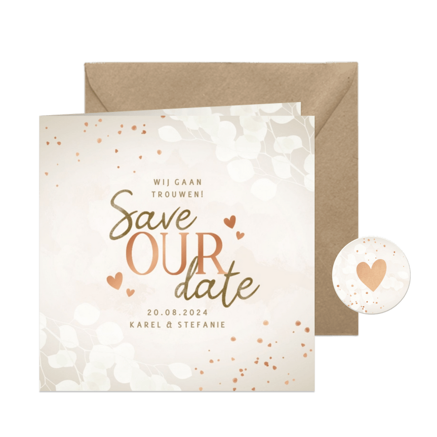 Moderne save the date eucalyptus, koper spetters en hartjes - Kaartimpressie