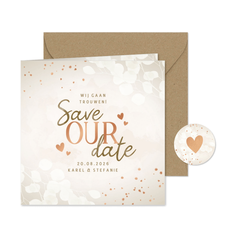 Moderne save the date eucalyptus, koper spetters en hartjes - Kaartimpressie
