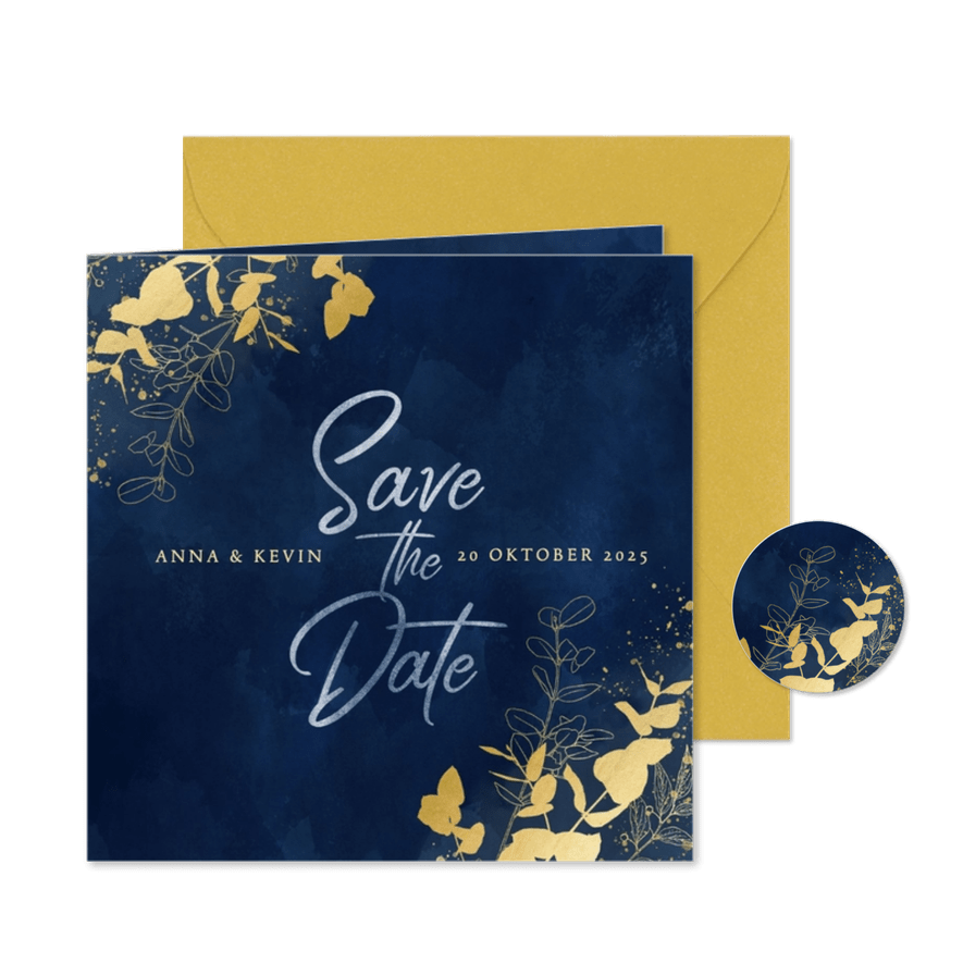 Moderne save the date kaart blauwe waterverf gouden planten - Kaartimpressie