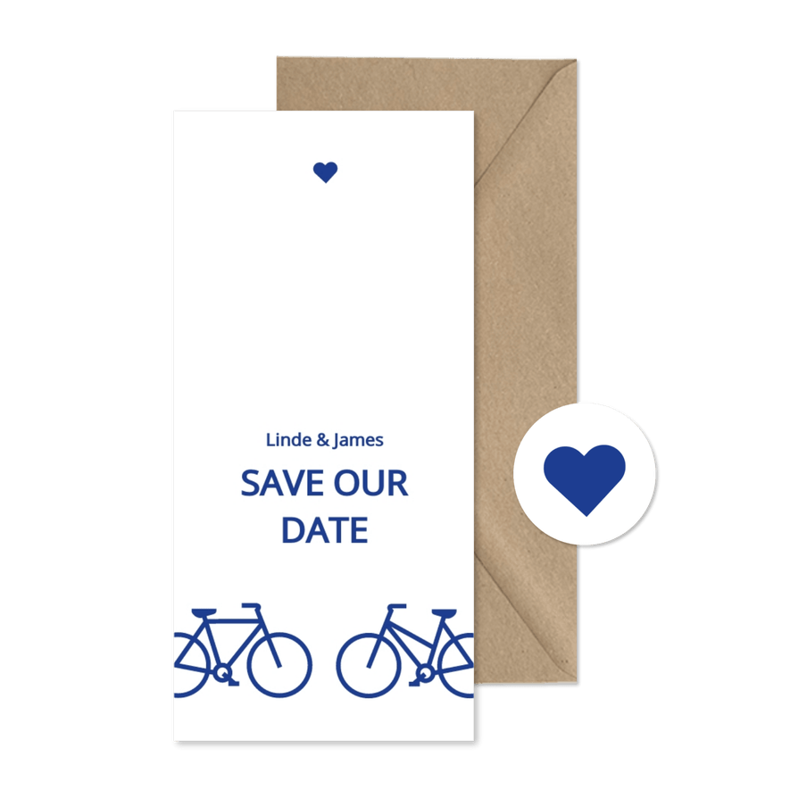 Moderne save the date kaart met blauwe fietsen - Kaartimpressie