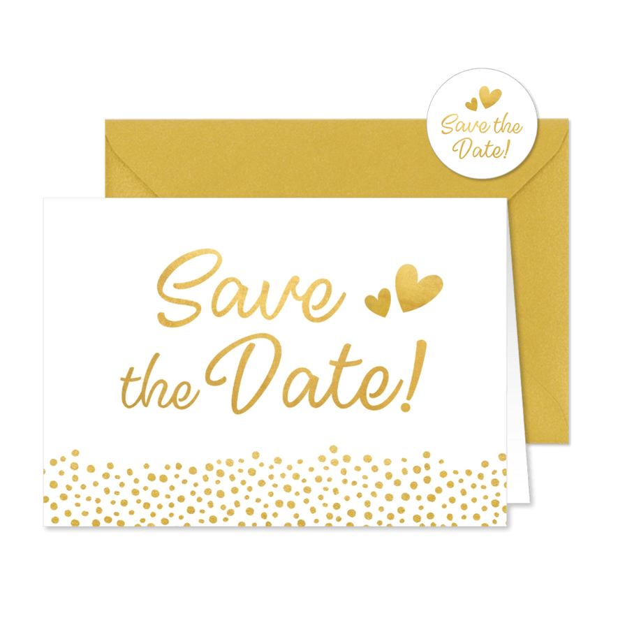 Moderne Save the Date kaart met gouden letters en hartjes - Kaartimpressie