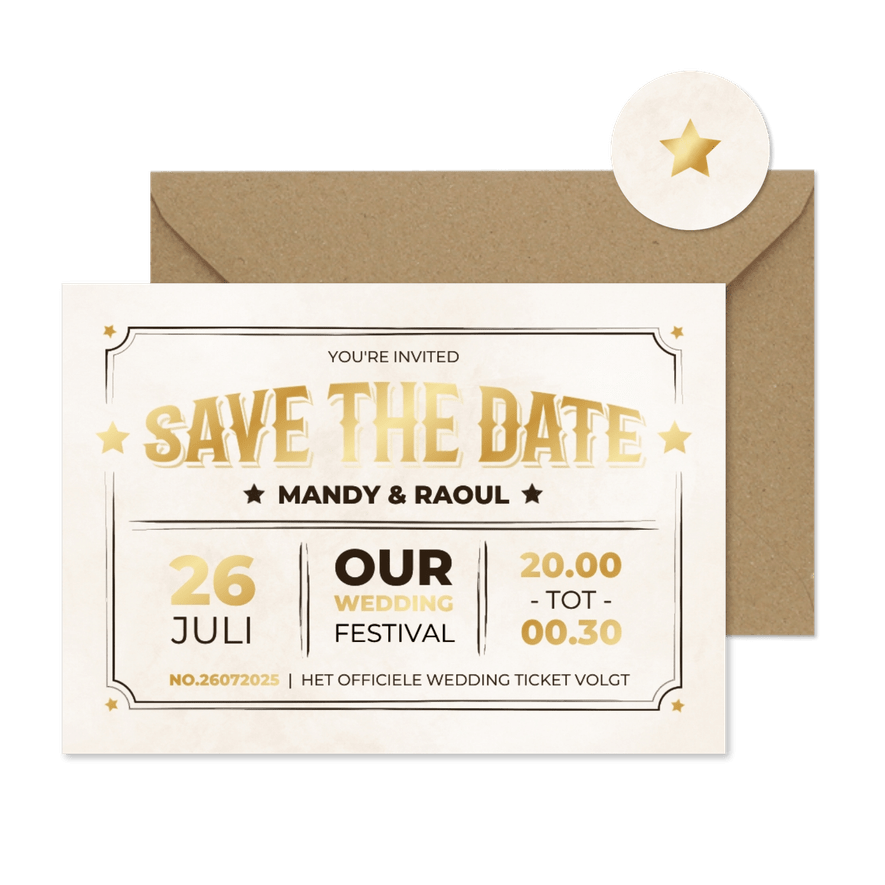  Moderne save the date kaart ticket vintage stijl met goud - Kaartimpressie