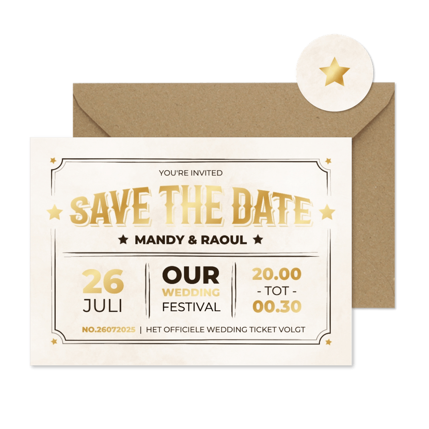 Moderne save the date kaart ticket vintage stijl met goud - Kaartimpressie