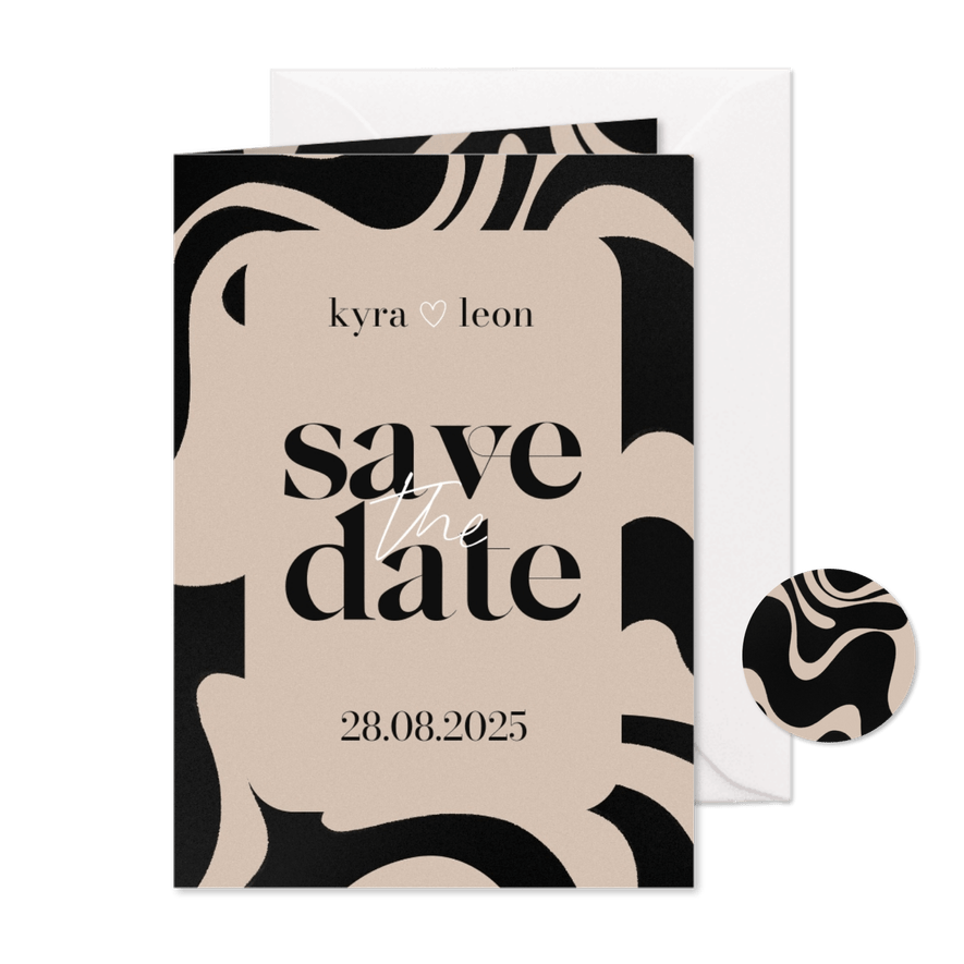 Moderne save the date kaart zwarte swirls beige achtergrond - Kaartimpressie