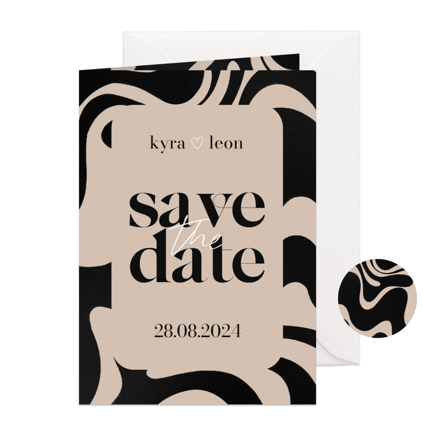 Moderne save the date kaart zwarte swirls beige achtergrond - Kaartimpressie