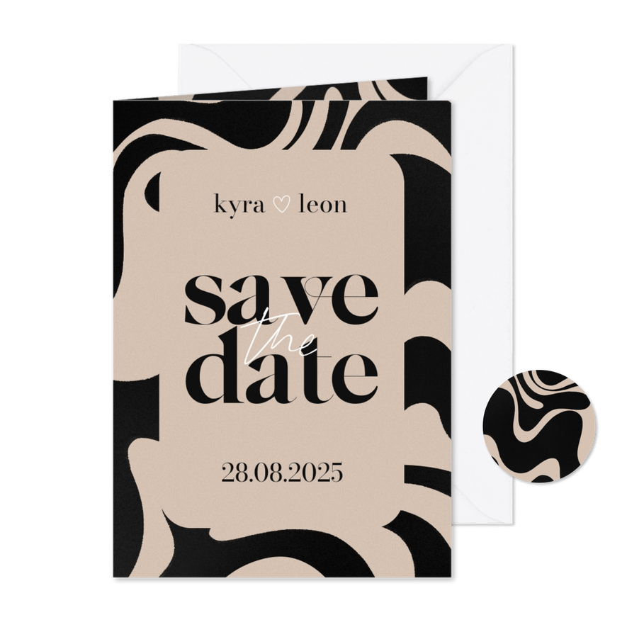 Moderne save the date kaart zwarte swirls beige achtergrond - Kaartimpressie