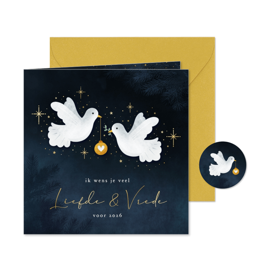 Moderne sfeervolle kerstkaart vrede en liefde met 2 duifjes - Kaartimpressie