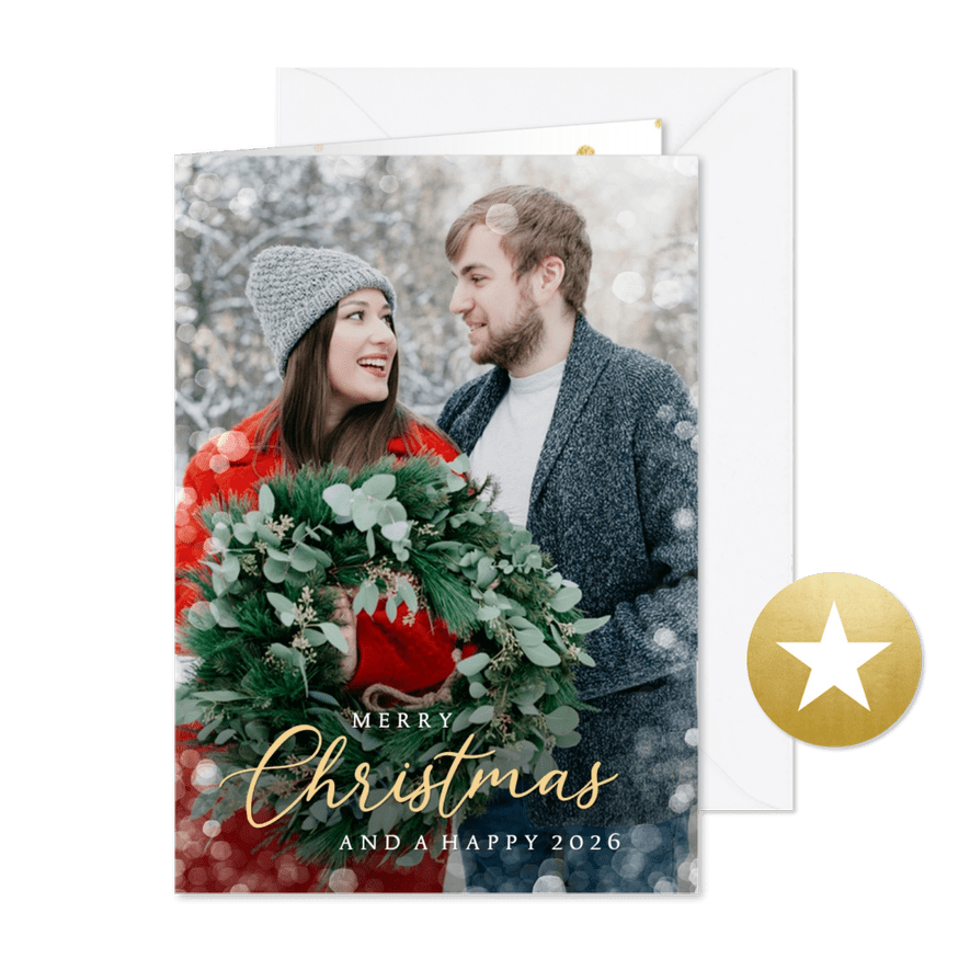 Moderne staande kerstkaart met eigen foto en sneeuwkader - Kaartimpressie