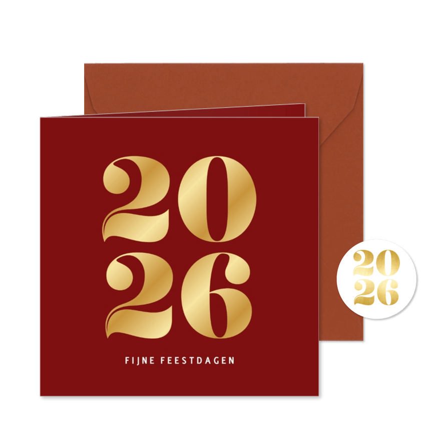 Moderne strakke kerstkaart met 2026 in goudfolie rood - Kaartimpressie