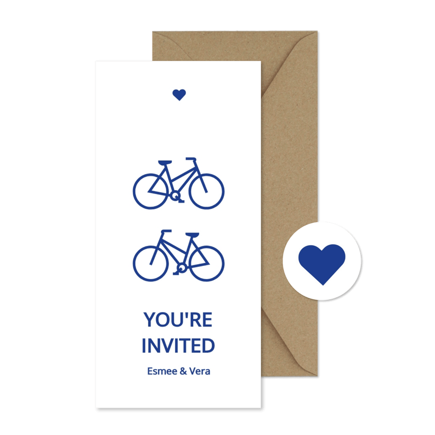 Moderne trouwkaart met blauwe damesfietsen - Kaartimpressie