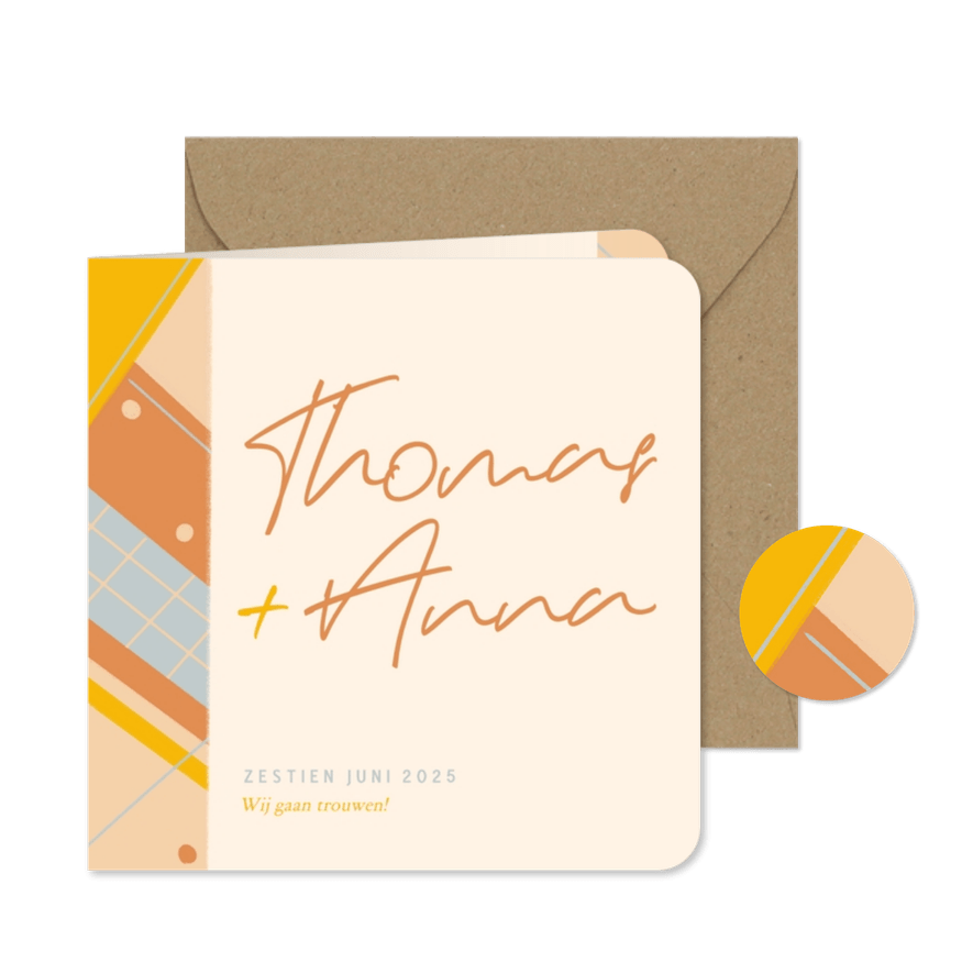 Moderne trouwkaart met vrolijk gekleurde vormen - Kaartimpressie