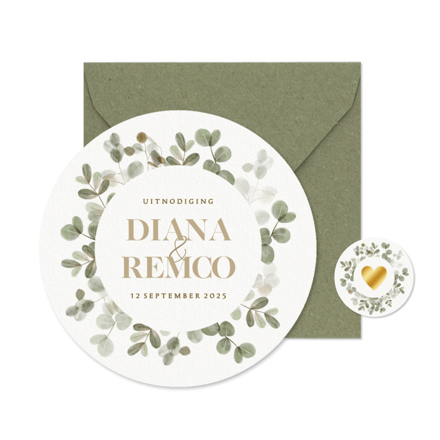 Moderne trouwkaart waterverf eucalyptus takjes - Kaartimpressie