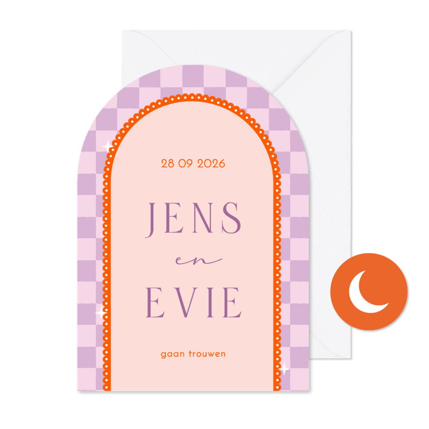 Moderne trouwuitnodiging in boogvorm met paarse ruitjes - Kaartimpressie