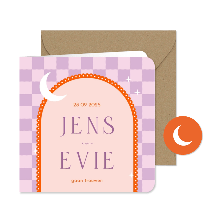 Moderne trouwuitnodiging met een boog en maan paarse ruitjes - Kaartimpressie