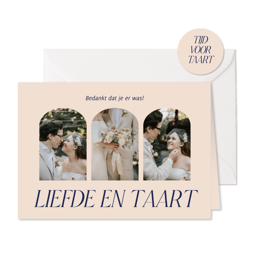 Moderne typografisch bedankkaart liefde en taart trouwen - Kaartimpressie