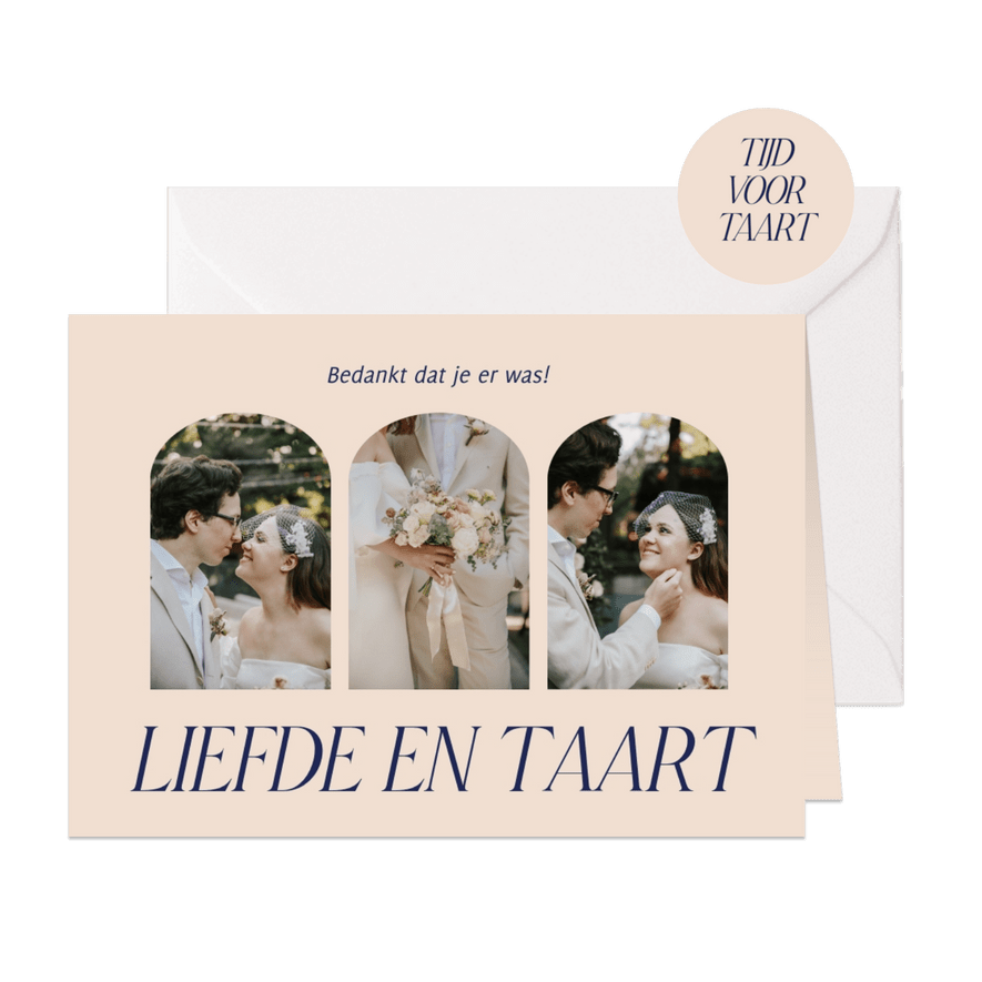 Moderne typografisch bedankkaart liefde en taart trouwen - Kaartimpressie