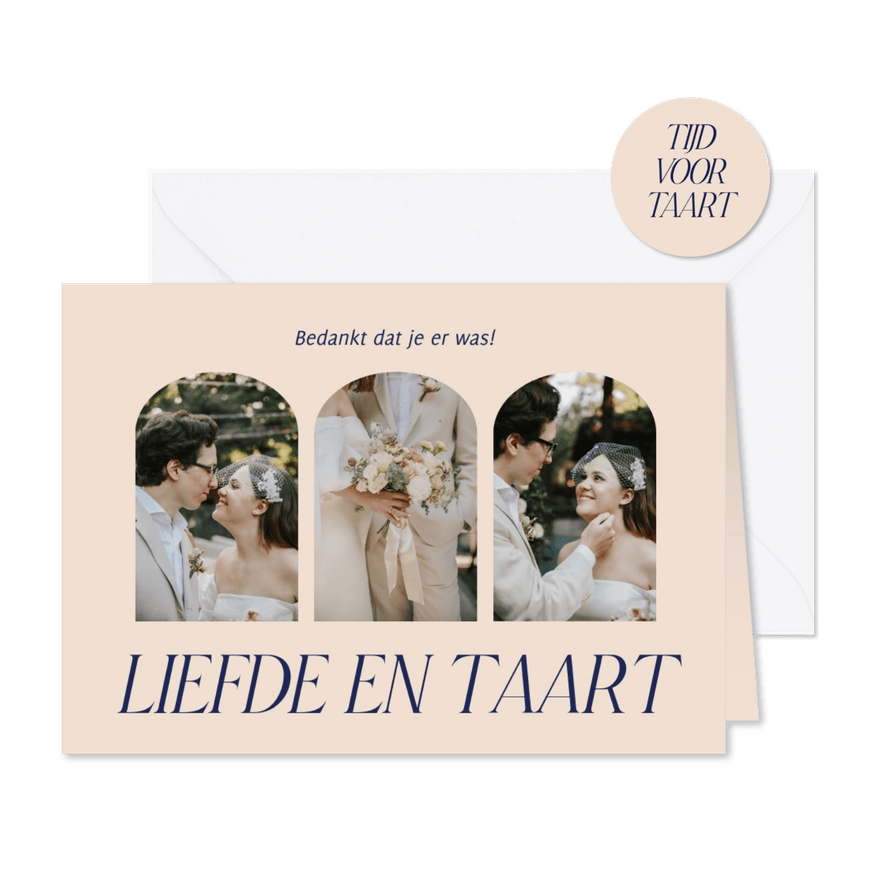 Moderne typografisch bedankkaart liefde en taart trouwen - Kaartimpressie