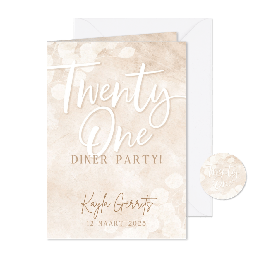 Moderne uitnodiging 21-diner party beige met eucalyptus - Kaartimpressie