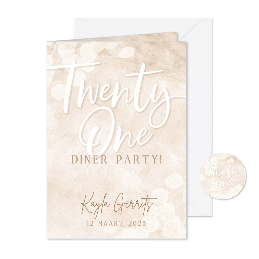 Moderne uitnodiging 21-diner party beige met eucalyptus - Kaartimpressie