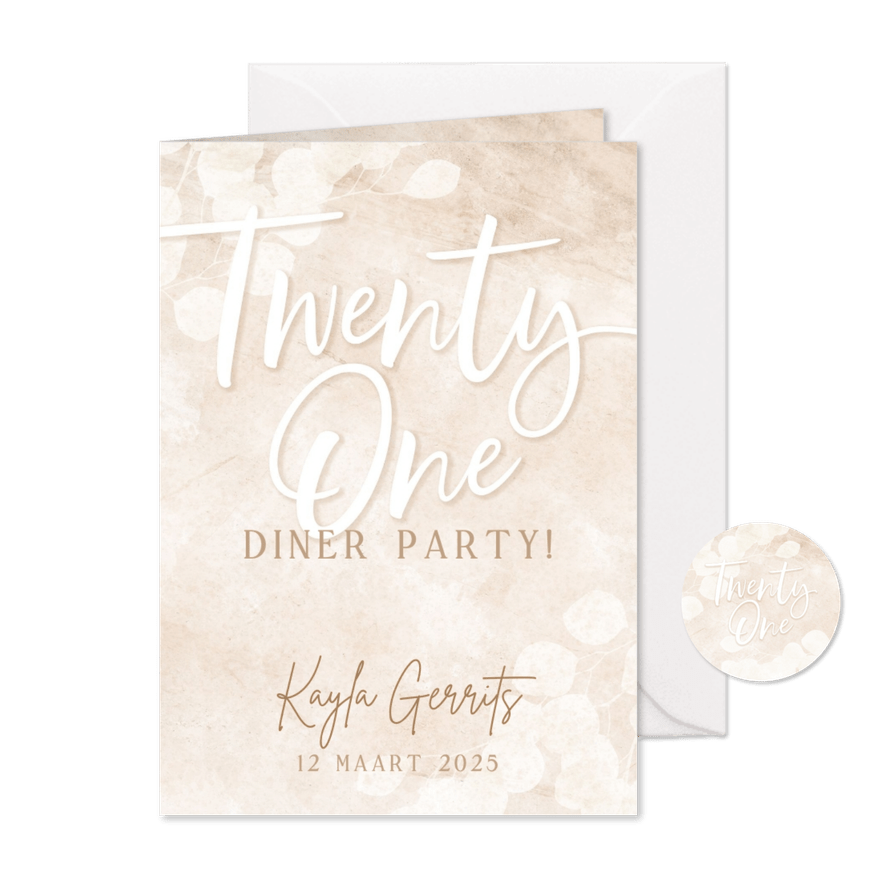 Moderne uitnodiging 21-diner party beige met eucalyptus - Kaartimpressie