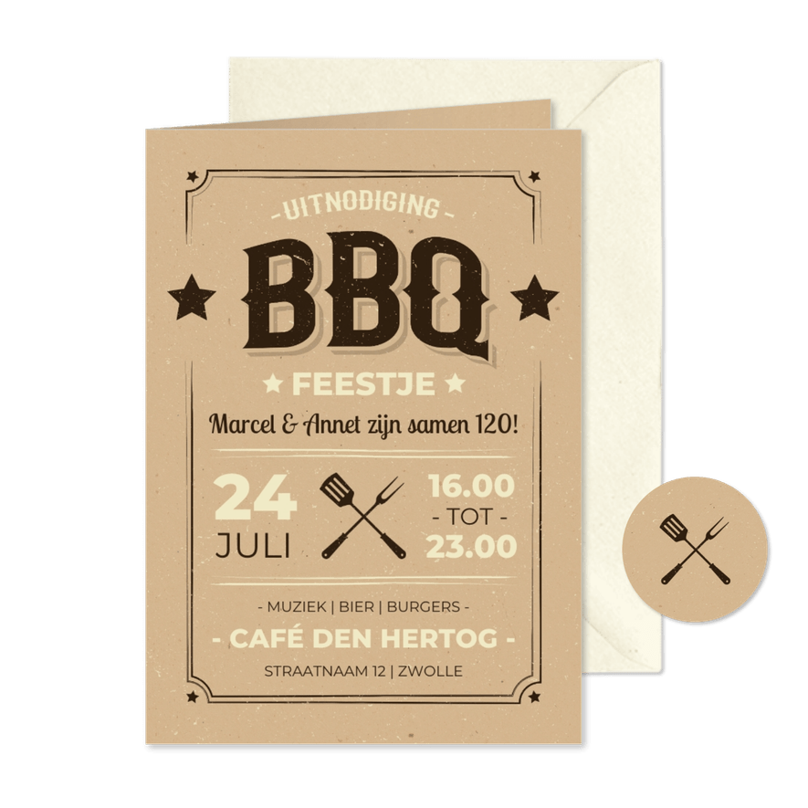 Moderne uitnodiging BBQ feestje kraft vintage stijl - Kaartimpressie