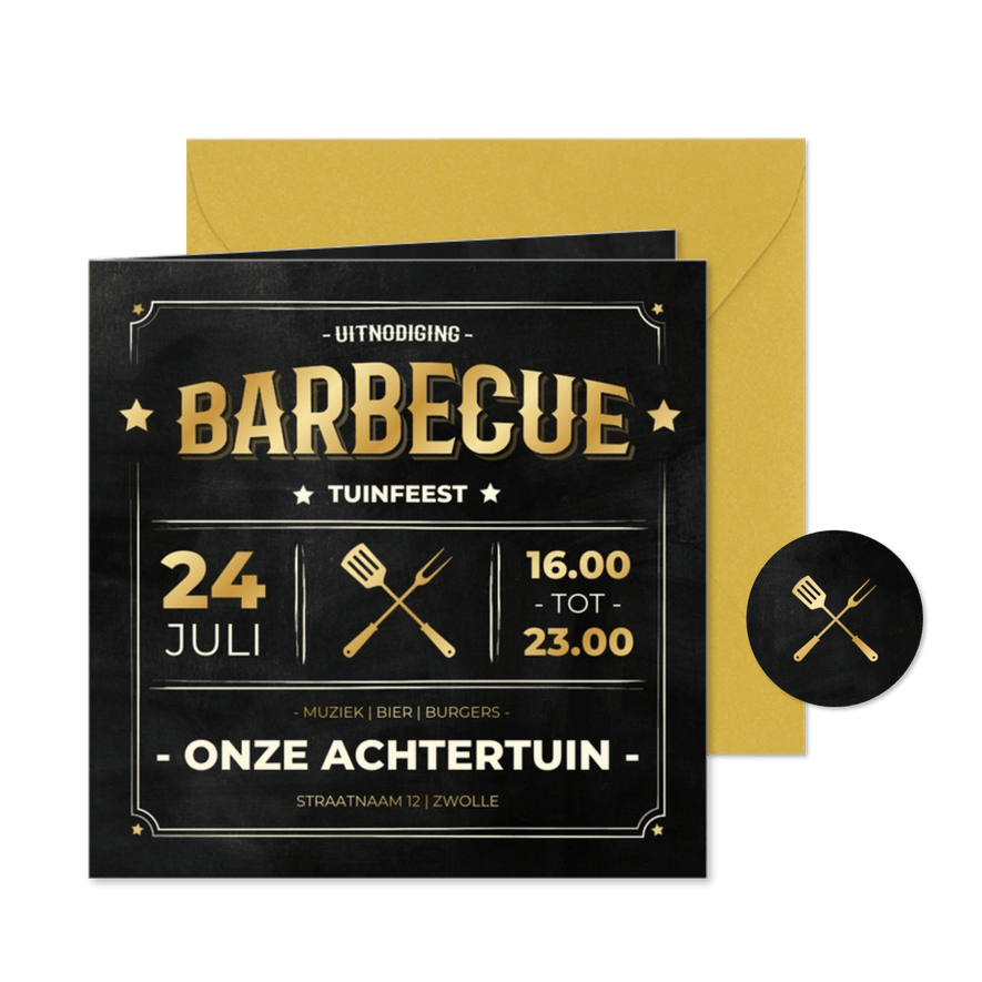 Moderne uitnodiging BBQ krijtbord met goudfolie - Kaartimpressie