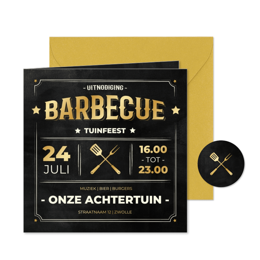 Moderne uitnodiging BBQ krijtbord met goudfolie - Kaartimpressie