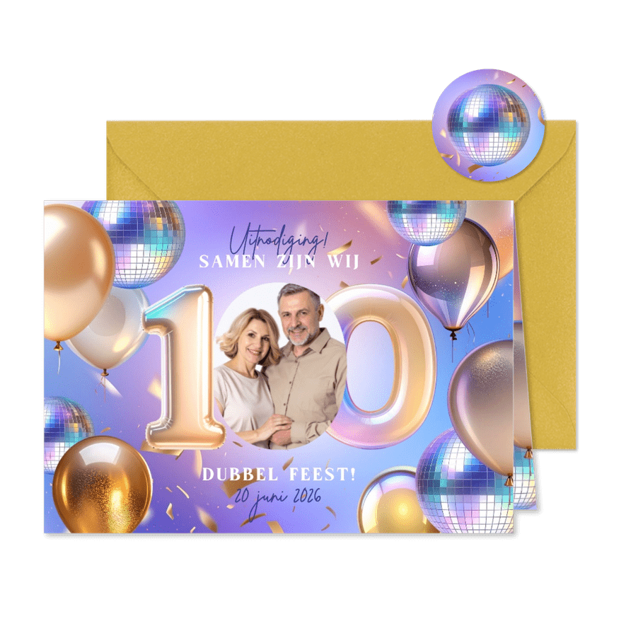 Moderne uitnodiging dubbel feest samen 100 ballonnen disco - Kaartimpressie