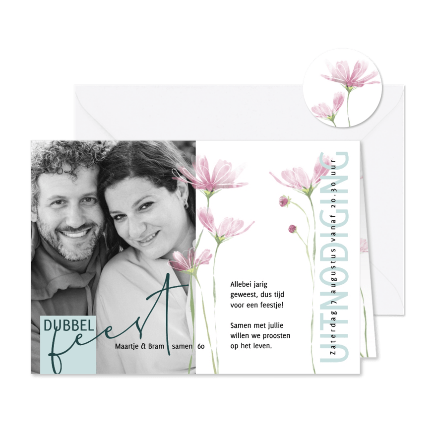 Moderne uitnodiging dubbel feest waterverf bloemen - Kaartimpressie