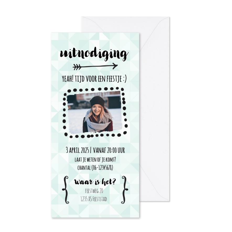 Moderne uitnodiging - groene ruitjes (langwerpig) - Kaartimpressie