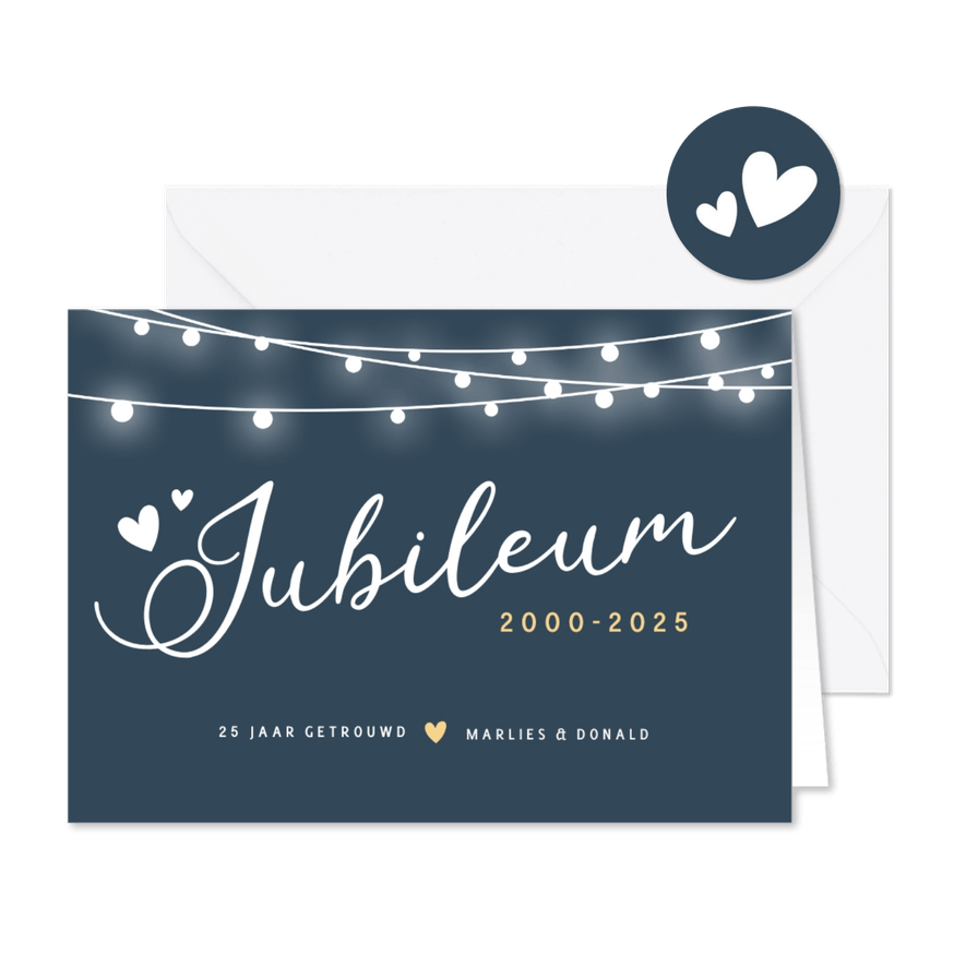 Moderne uitnodiging huwelijksjubileum met lampjes en jaartal - Kaartimpressie