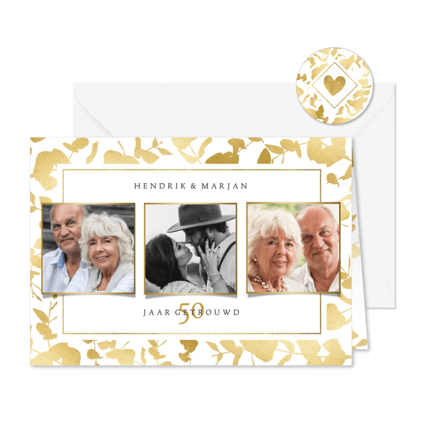 Moderne uitnodiging jubileum gouden planten kader & foto's - Kaartimpressie