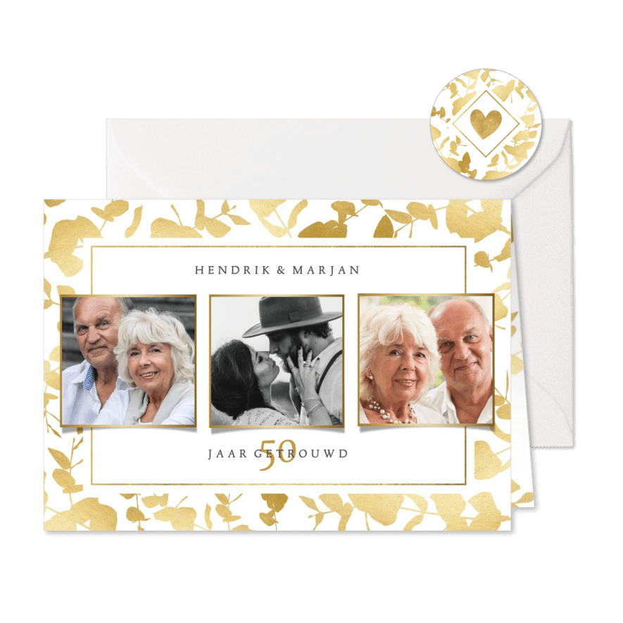 Moderne uitnodiging jubileum gouden planten kader & foto's - Kaartimpressie