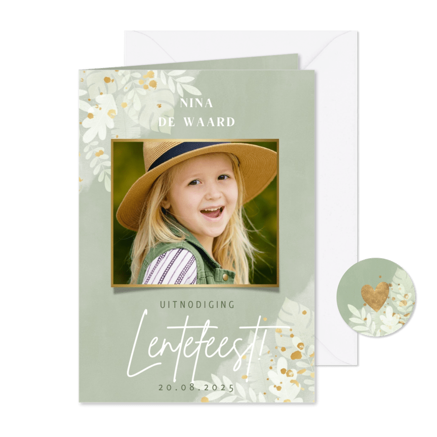 Moderne uitnodiging lentefeest jungle, foto en spetters - Kaartimpressie