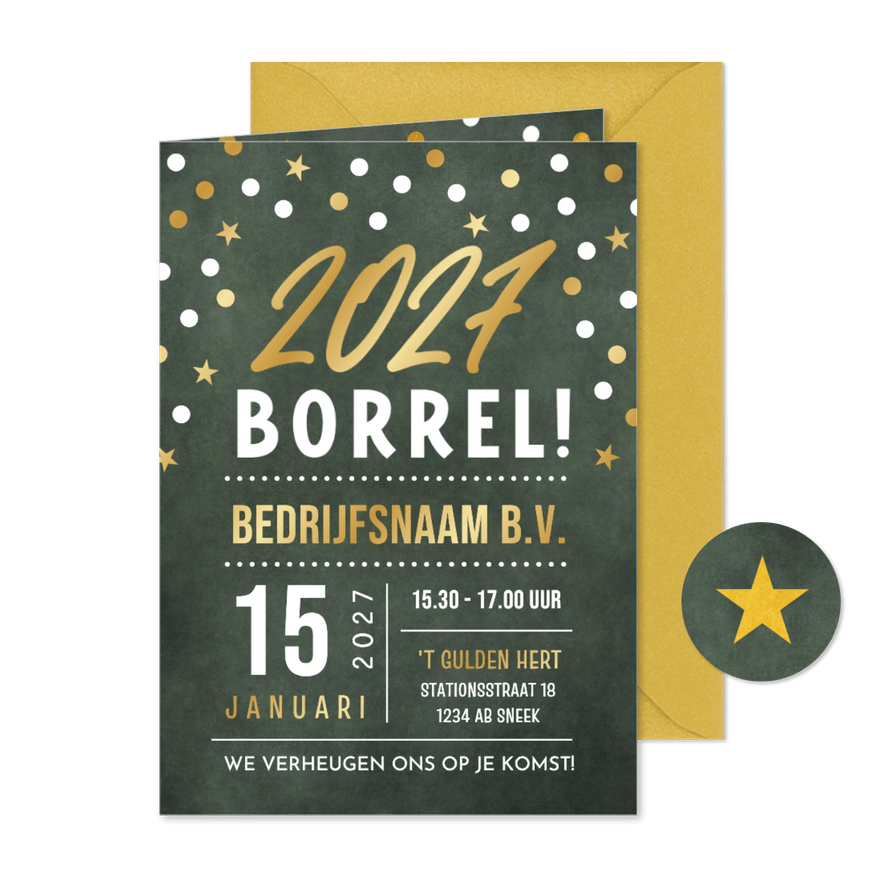 Moderne uitnodiging nieuwjaarsborrel confetti met goudfolie - Kaartimpressie