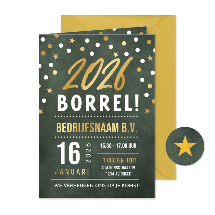 Moderne uitnodiging nieuwjaarsborrel confetti met goudfolie - Kaartimpressie